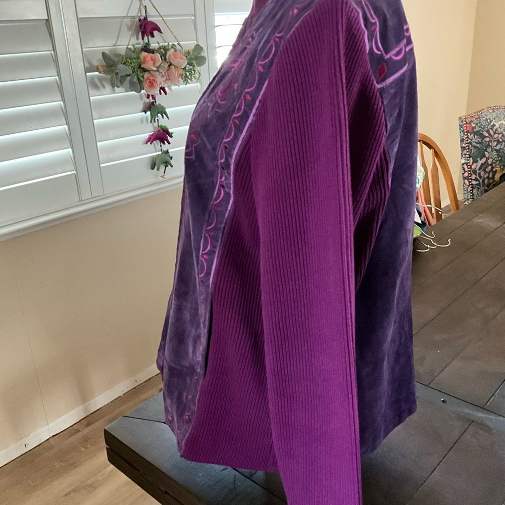 Bob Mackie Wearable Art Purple Embroidered Suede sweater jacket Large - Picture 4 of 7